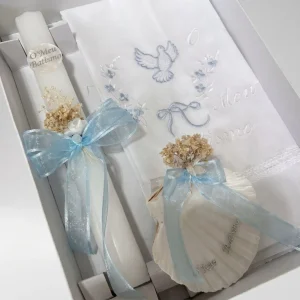 Conjunto de Batismo “O Meu Batismo”, Vela Quadrada, Toalha Pombinha e Concha