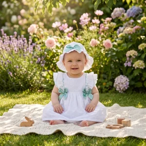 Conjunto Vestido em Bordado Inglês com Lacinhos e Chapéu