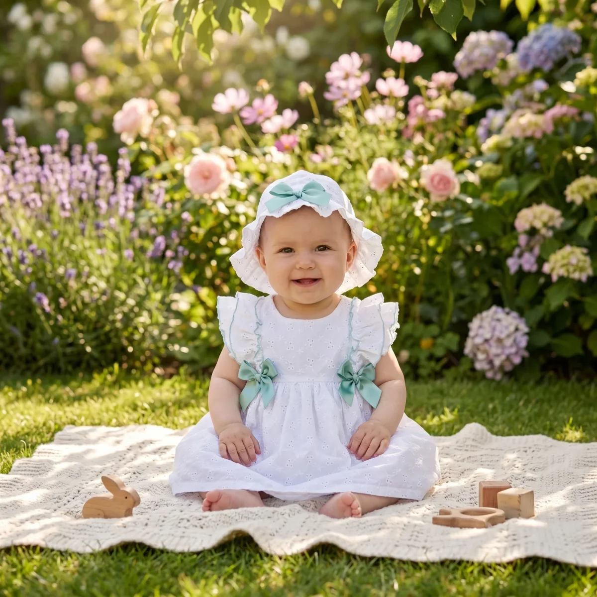 Conjunto Vestido em Bordado Inglês com Lacinhos e Chapéu